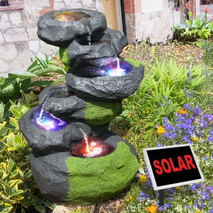 Gartenbrunnen FELS-KASKADE geschwungen mit Pumpe und 4 RGB LED-Licht - Hybrid Solarbetrieb
